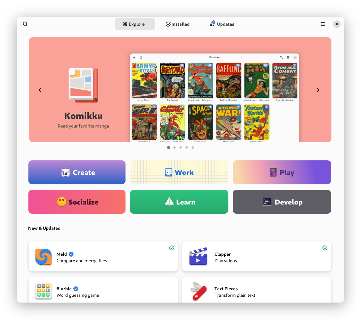 Mockup of GNOME Software with banners including screenshots
